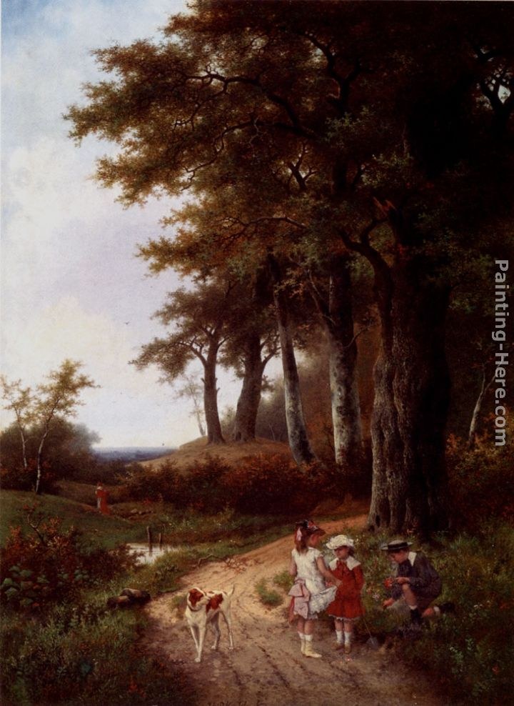Hendrik Pieter Koekkoek Children Picking Flowers In A Park